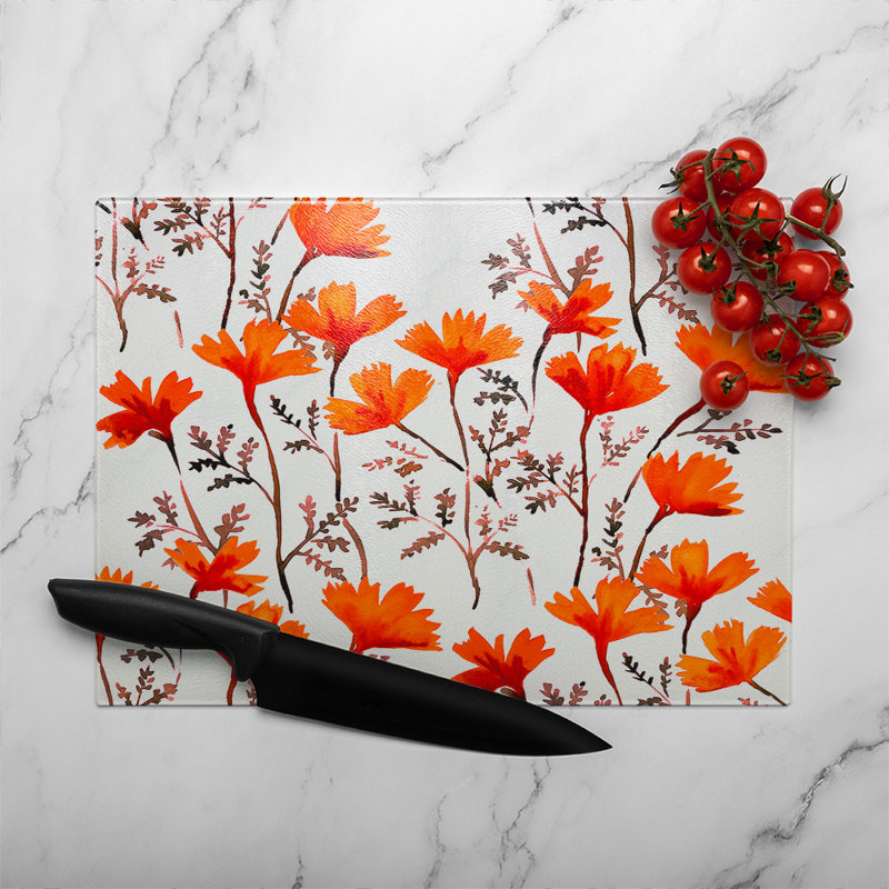 Flowers In Autumn Colours Glass Chopping Board, 40cm L x 28cm W