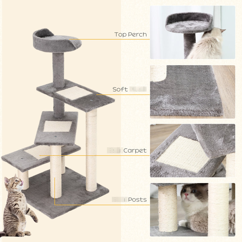 Arbre à chat 40 po gris avec escalier tournant à 5 niveaux, centre de jeu et rembourrage confortable - donnez aux chats un endroit pour s'épanouir