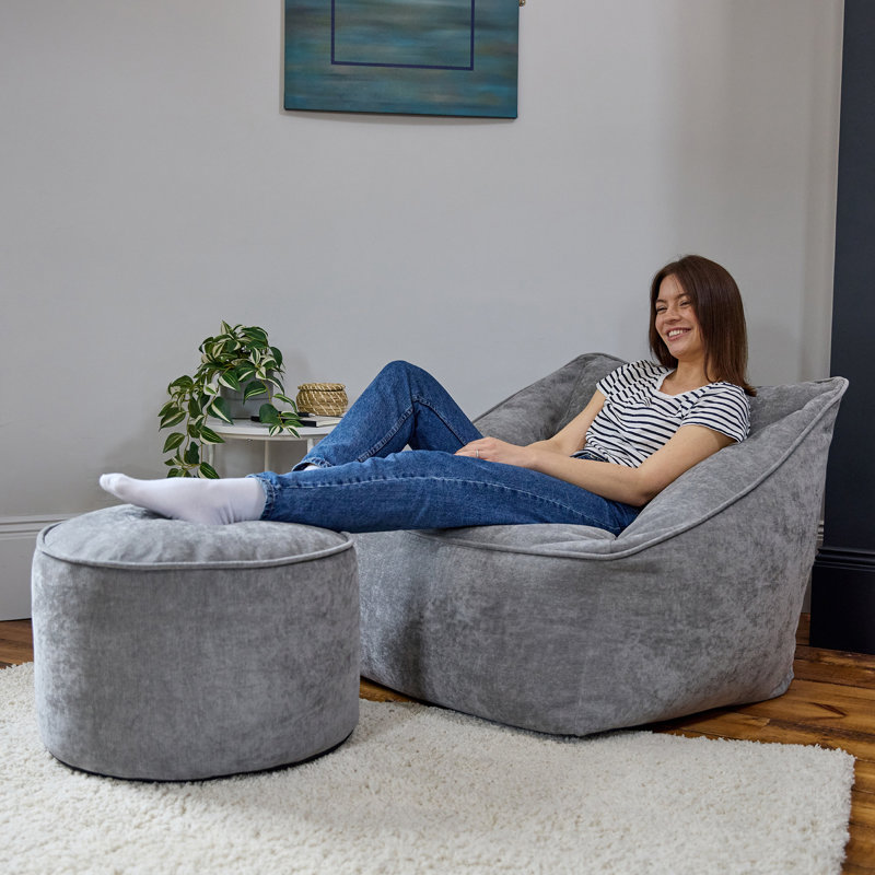 Natalia Armchair Bean Bag and Round Footstool, Grey, Chenille