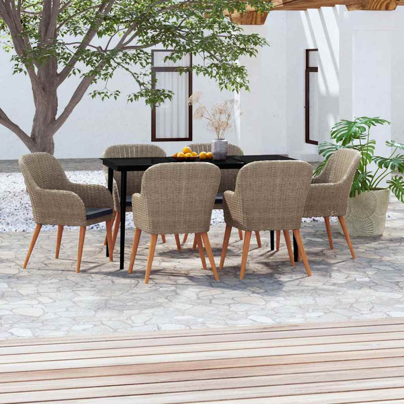 Ensemble de salle à manger 7 pièces pour terrasse en rotin brun