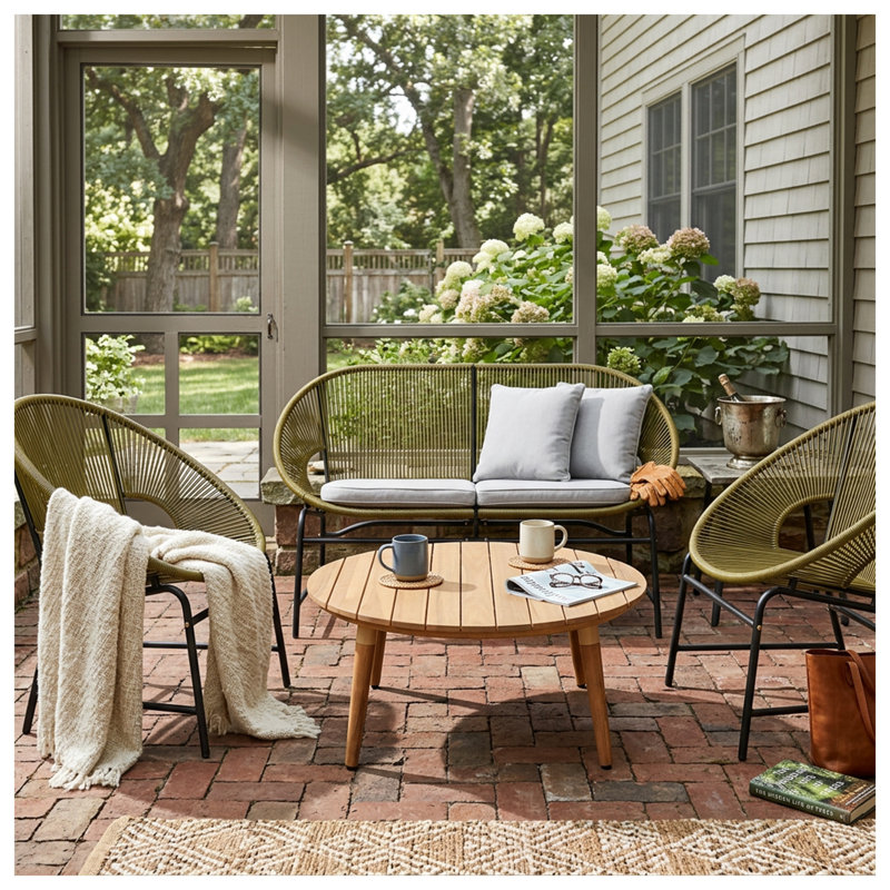 Ensemble de conversation d'extérieur 4 pièces NUSA avec bois d'acacia et rotin PE vert