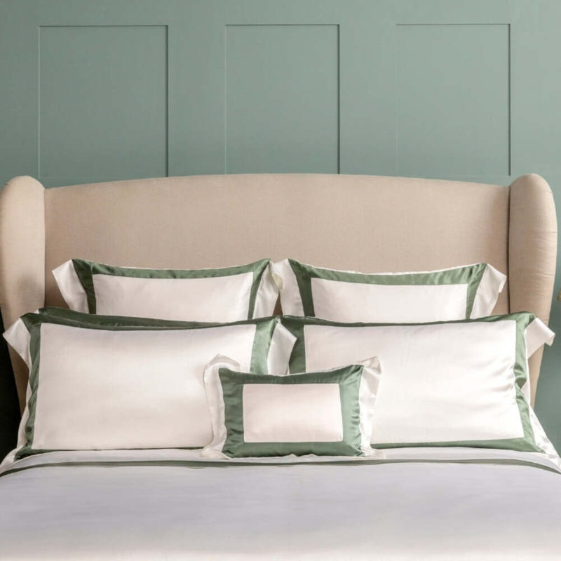 Silk Flat Sheet Queen 94"x112" Ebury White & Green Border, Queen Flat Sheet