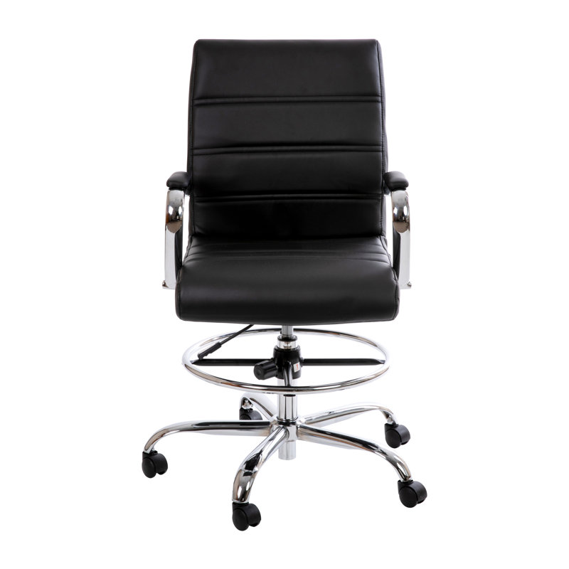 Mid-Back LeatherSoft Drafting Chair with Adjustable Foot Ring and Chrome Base, Black