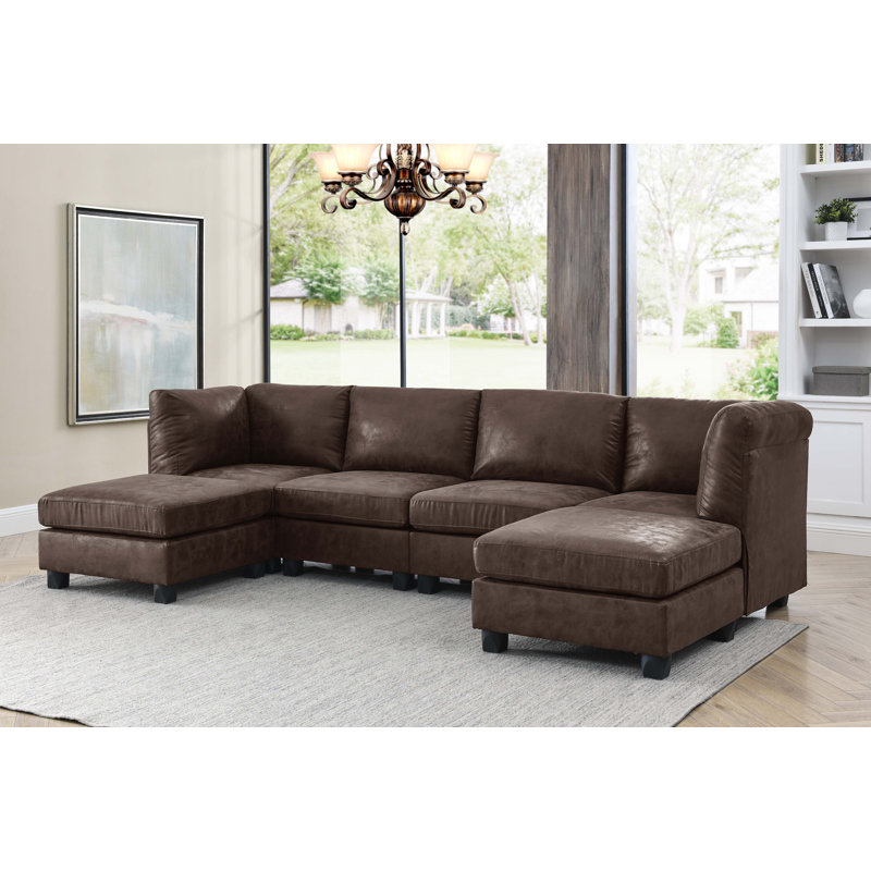 Angelamaria Faux Leather L-Shaped Sectional, Brown Faux Leather