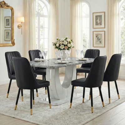 Modern 7-Piece Faux Marble Dining Table Set with Upholstered Chairs