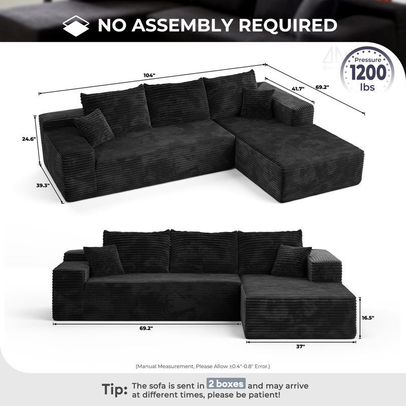 Canapé modulaire Boneless 104 po Cloud, Black Polyester/Faux Fur/Corduroy, Orienté à droite