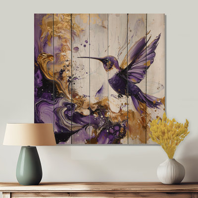 Golden Purple Hummingbirds Nectar - Hummingbird Animal Wooden Wall Art On Natural Pine Wood