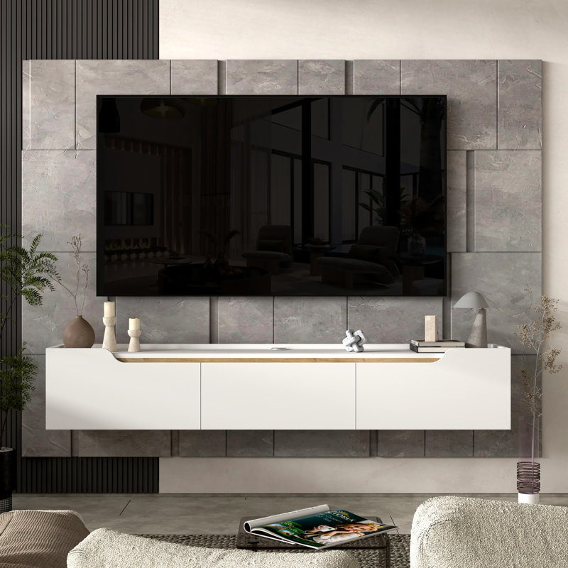 Meuble télé pour téléviseur 80 po Eva, Blanc / bois naturel