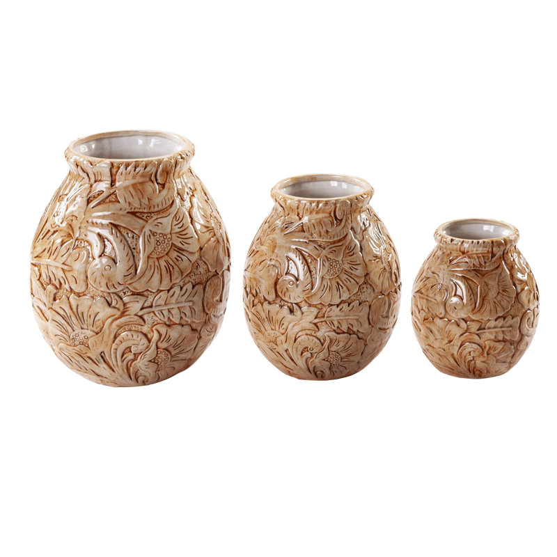 Ceramic Tooled Leather Pattern 3 Piece Vase Set