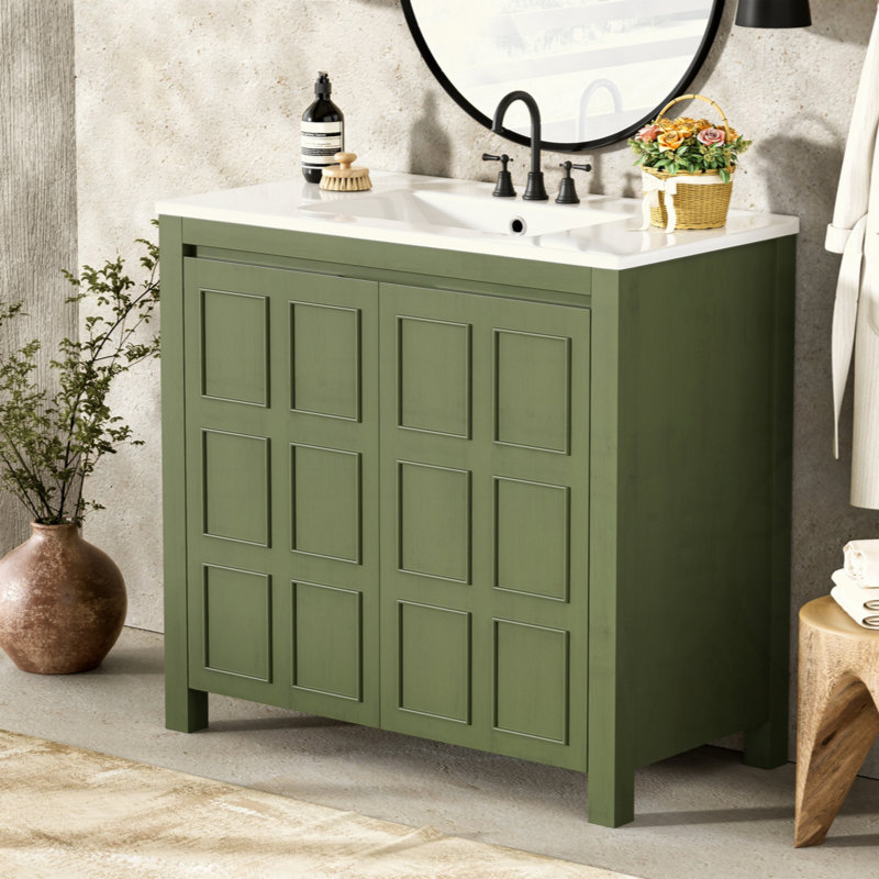 Rangement pour meuble-lavabo 36 po avec lavabo en céramique, Vert olive