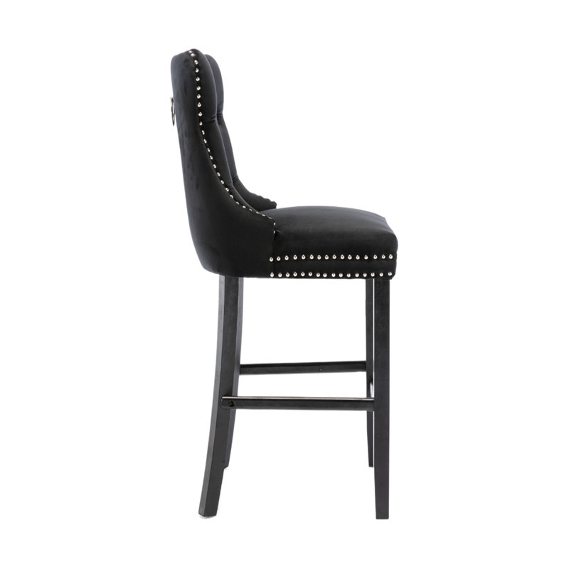 Black Velvet Upholstered Bar Stools with Wood Legs, Set of 4