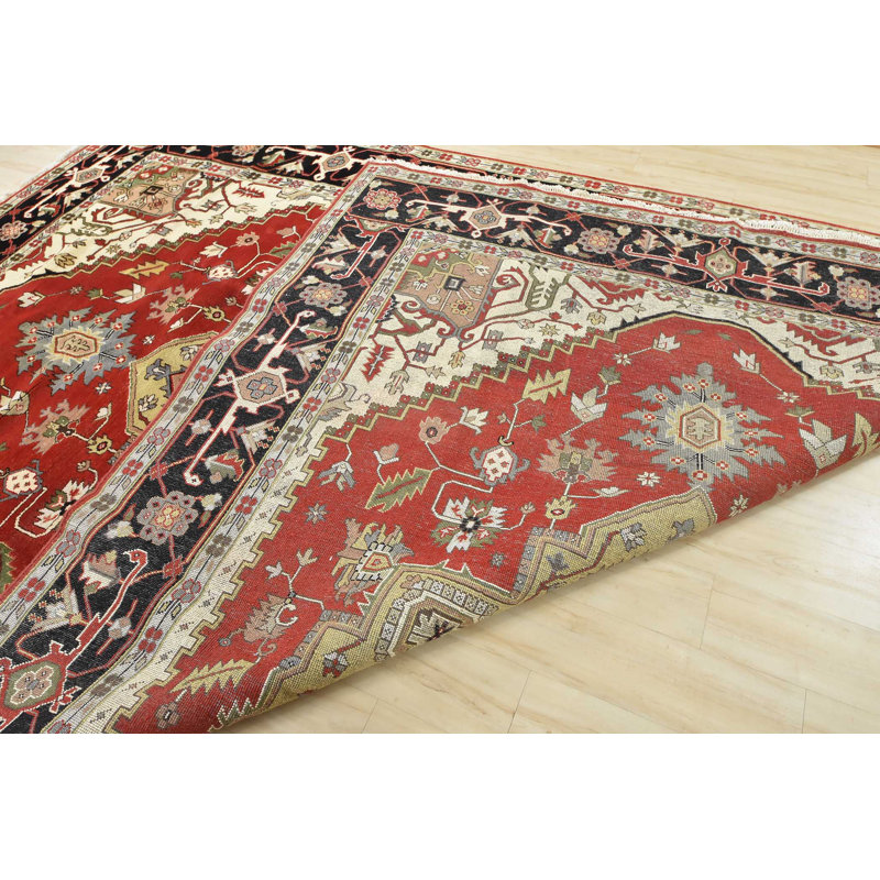 Tapis rouge en laine noué à la main de conception unique 9 pi 10 po x 14 pi Gaelyn