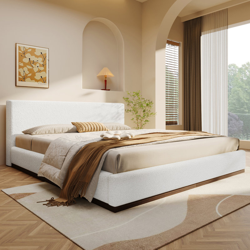Cadre de lit grand, cadre de lit tapissier en tissu élégant avec base en bois massif texturé grain de bois, cadre de lit plateforme avec tête de lit, support de 800 lb, style de chambre à coucher moderne, blanc