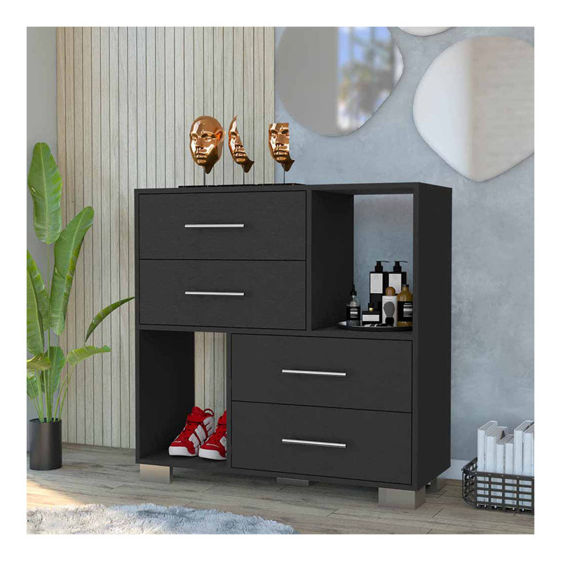 Commode Hetzs, quatre tiroirs, deux tablettes ouvertes, finition wengé noir