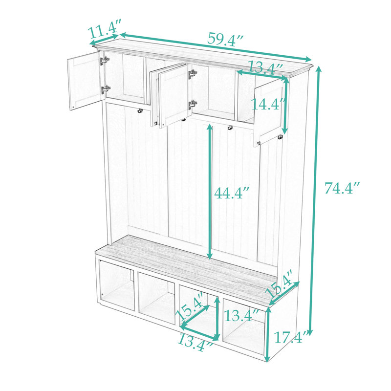 4-in-1 Hall Tree with Bench, Hooks and Cabinets