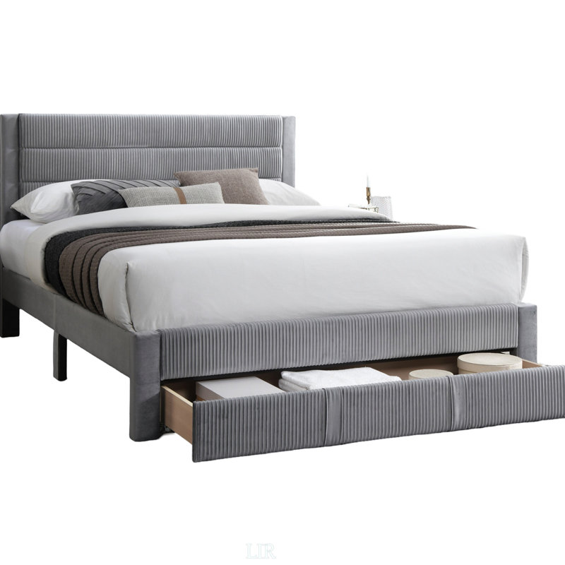 Luxury Contemporary Queen Bed With Storage Drawer And Corduroy Headboard, Perfect For Modern Elegance And Space Efficiency