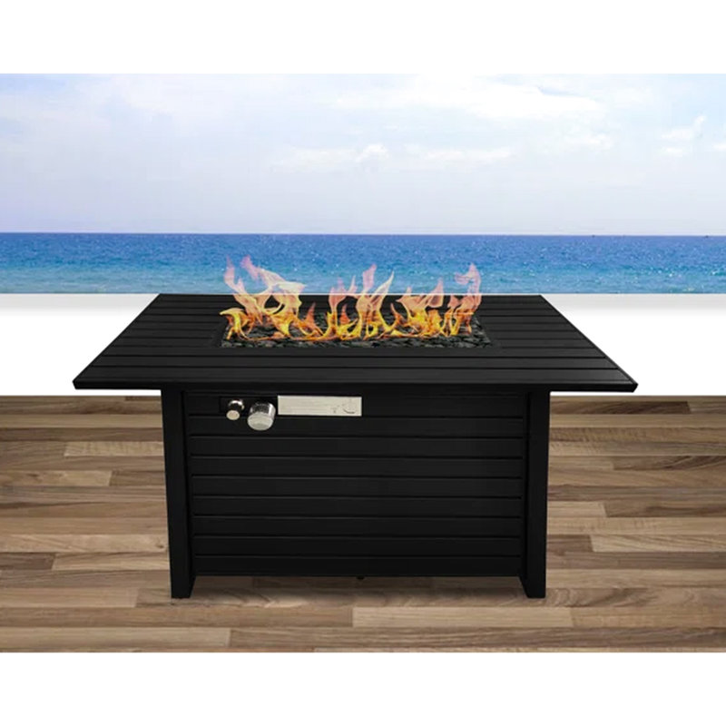 24" H Steel Propane Outdoor Fire Table With Lid - Black, Weather-, Slatted Base, Lava Rocks, Glass Beads, Flame Adjustable, Drink/Plate Rest Area, Deck Safe Accessory Fireplace Design, Airy Lid,