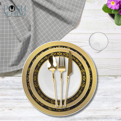 Posh Setting 420 Piece Black And Gold Plastic Party Bundle - Royal (60 Settings)