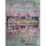 Hand Knotted Abstract Area Rug in Light Gray/Pink/Black/Blue