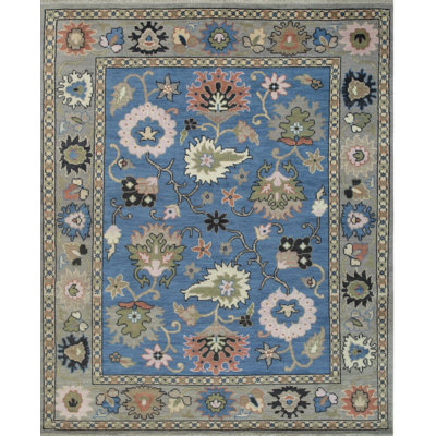 Tapis bleu traditionnel en laine noué à la main 8 x 10