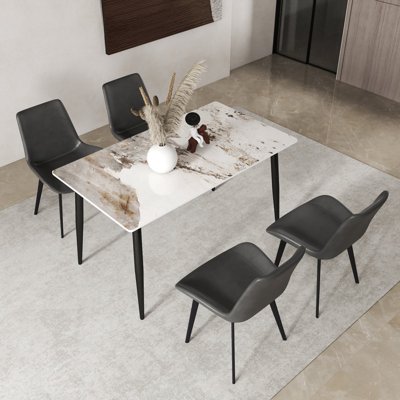 Ensemble de table de salle à manger moderne en pierre frittée 5 pièces avec 4 chaises en similicuir Juvan, Pandora
