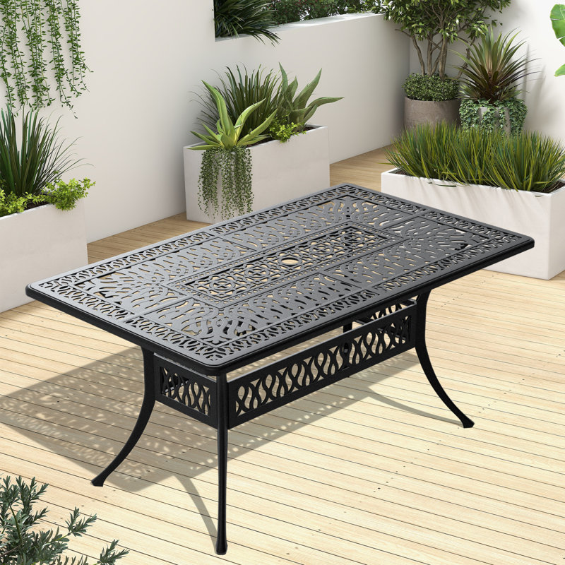 Table de salle à manger L58.27 * W34,65 pouces en fonte d'aluminium avec structure noire et trou pour parasol