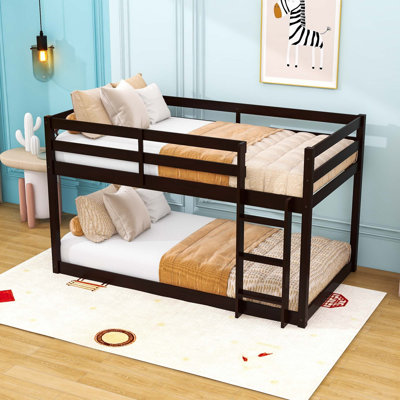 Wood Twin Over Twin Floor Bunk Bed With Ladder And Safety Features