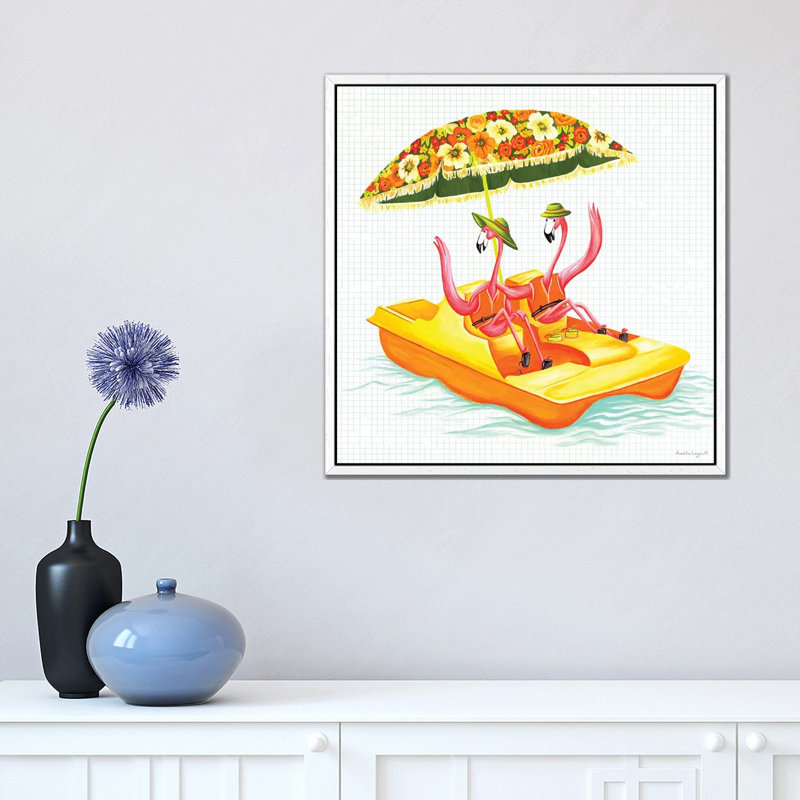Flamingos Pedal Boat by Amélie Legault - Painting on Canvas, 45.72cm H x 45.72cm W x 3.81cm D, White Floater Framed
