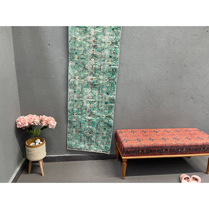 23.6x68.5 Inch Wool Runner Rug, Traditional Patchwork Green Rug
