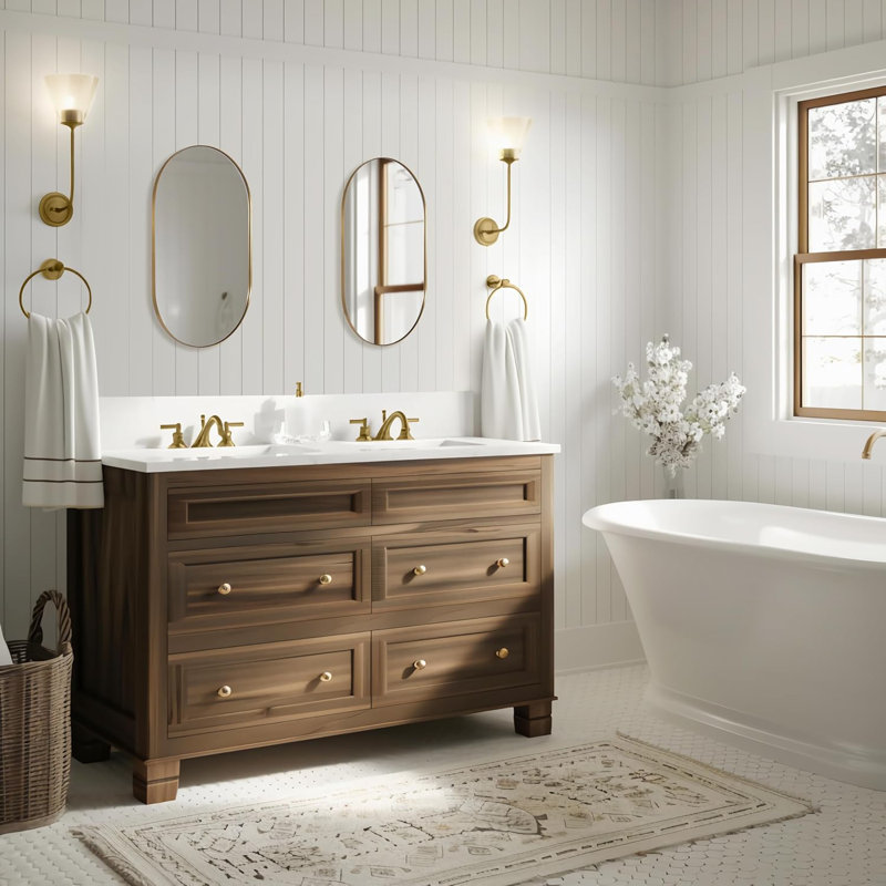 Miroir de salle de bain Kaitlee Cadre en acier inoxydable, 33 po x 20 po, Or brossé, Pilule