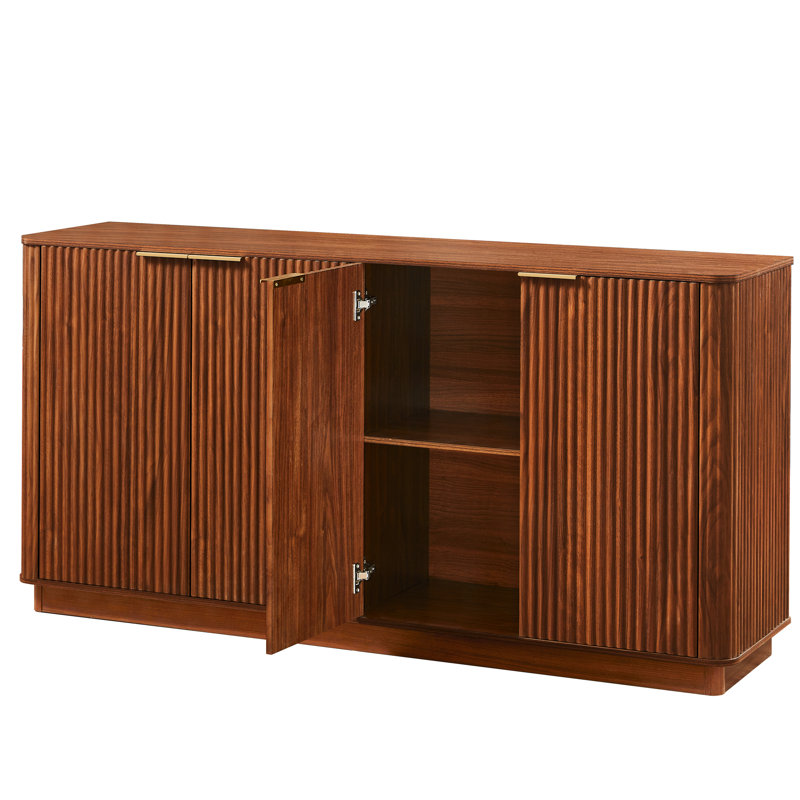 63" Walnut Sideboard With Central Shelf Compartments, Suitable For Hallway, Vacuum - Formed Textured Veneer, Water Surface, Scratch