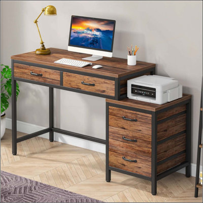 Reversible Computer Desk With 5 Drawers And File Cabinet, Rustic Home Office Desk With Printer Stand, Industrial Writing Table With Storage For Small Spaces