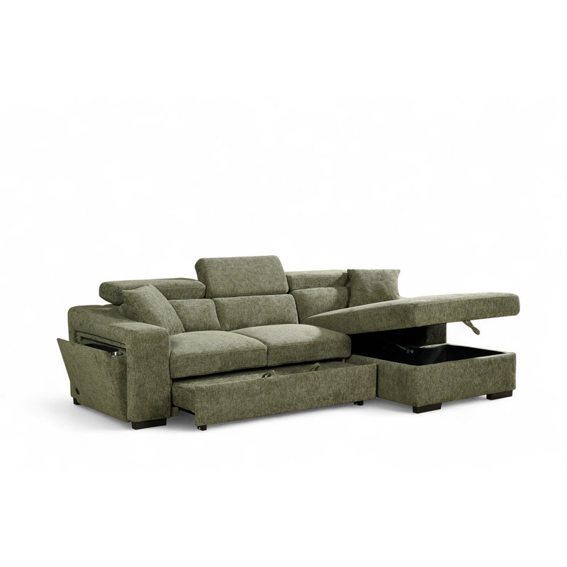 4 Seater Sofa Bed, Green Chenille, Right Hand Facing
