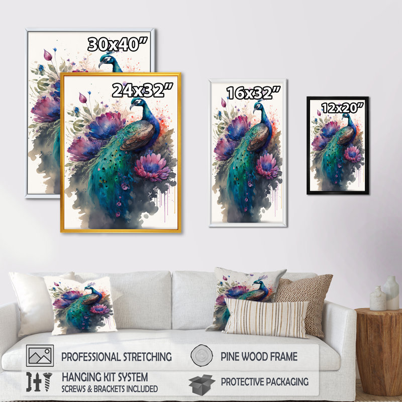 Heffernan, paon mignon, art floral I - paon, art mural, H 40 po x l 30 po x P 1,5 po, Toile avec cadre flottant noir