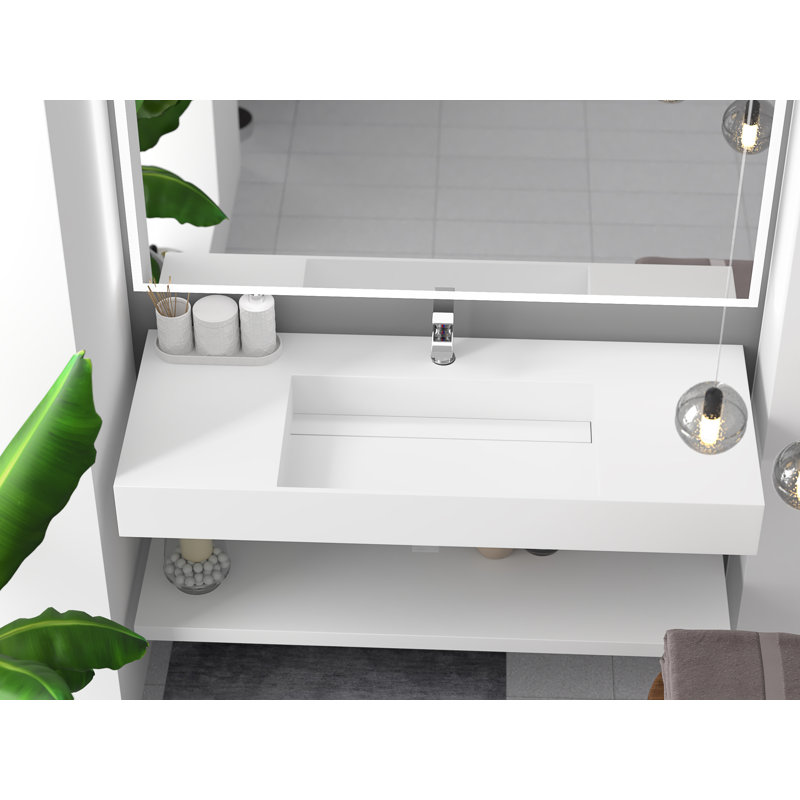 Lavabo de salle de bain mural à surface flottante avec drain dissimulé 48 "Juniper, blanc, Blanc