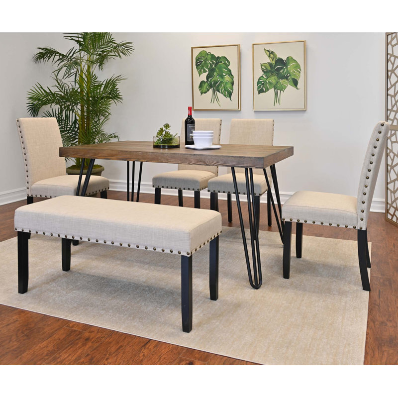 Ensemble de salle à manger 6 pièces, table de salle à manger en épingle à cheveux avec 4 chaises et banc de revêtement, Beige