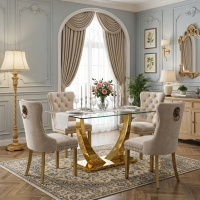 Ashington Home 5-Piece Modern Luxury Dining Table Set, Rectangular Tempered Glass Table with Golden V-Shaped Base, Lion Head Velvet Upholstered Chairs