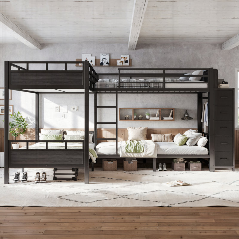 Lit superposé en métal avec tiroirs de rangement, cadre de lit simple avec garde-robe intégrée et tablettes ouvertes, tiroirs en tissu non tissé pour économiser de l'espace