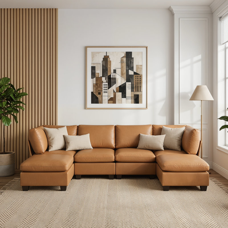 6-Pieces Faux Leather Sectional With two Ottoman