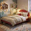 UK & EU Sizes Scalloped Shell Velvet Bed, Glam Upholstered Platform Frame With Gold Legs, Burgundy & Beige-868068583-863075796