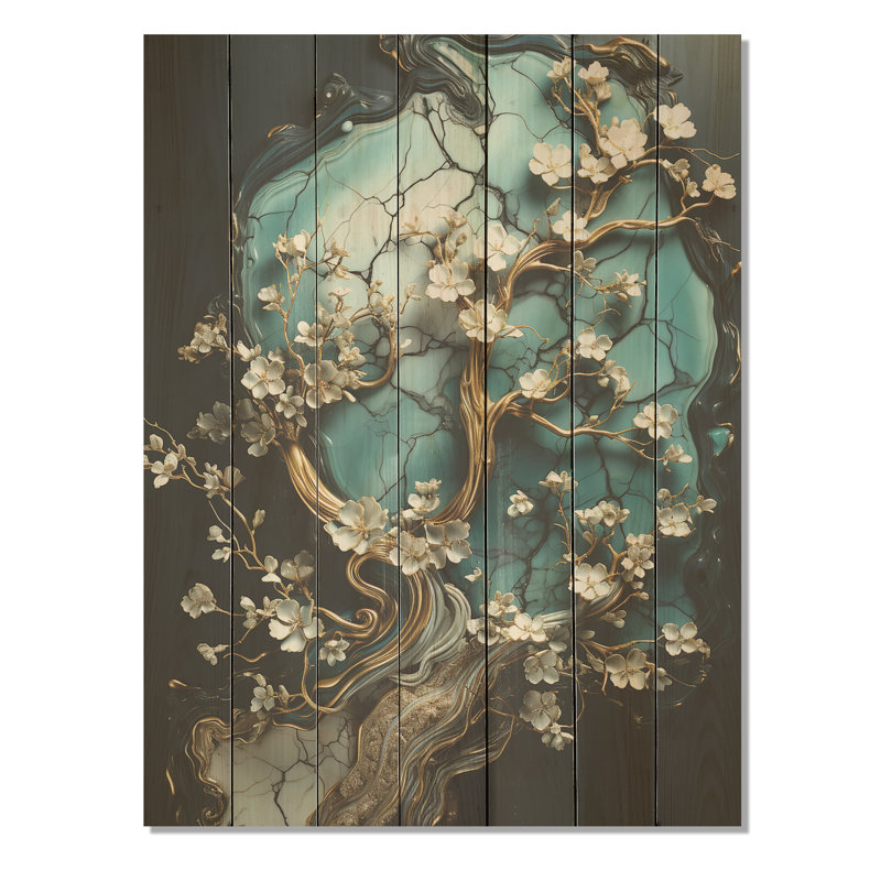 Or et émeraude antique Bonsai II - marbre abstrait sur bois, H 44 po x l 34 po