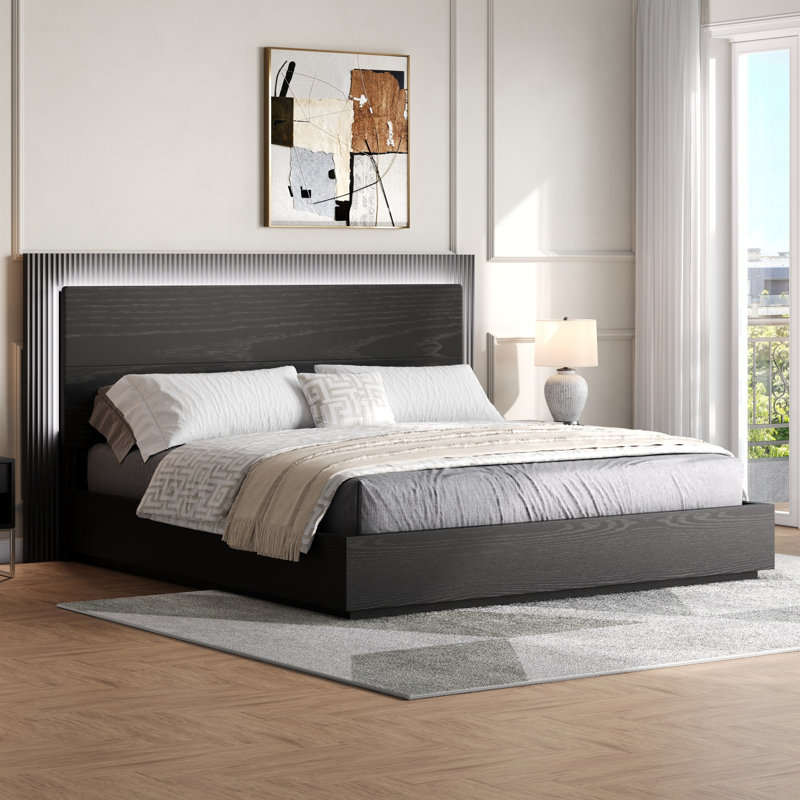 Structure de lit plateforme très grand avec tête de lit, lumière DEL, support de lattes en bois de pin massif, aucun sommier nécessaire, base de lit moderne, noir