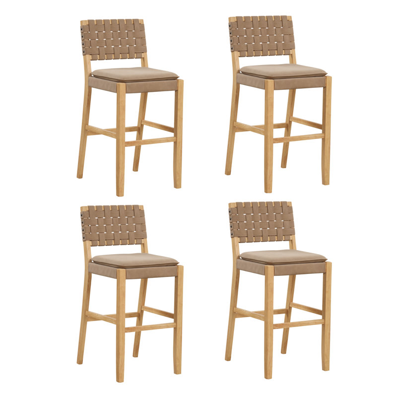 Tabouret de bar en suède tissé avec pieds en bois massif. Paquet de 4, Cuir brun clair / structure en pin chaud, 4
