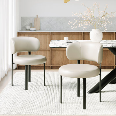 Mid-Century Modern Dining Chairs Set of 2, Upholstered Round Seat, Curved Backrest, Metal Legs for Kitchen & Dining Room