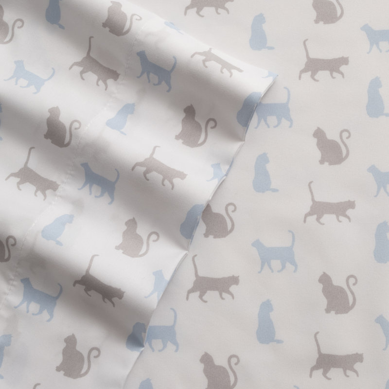 King Blue Cotton Polyester Microfiber Cat Silhouette Sheet Set