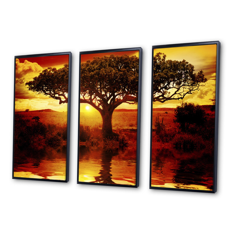 «Lonely Tree In African Sunset», ensemble de 3 reproductions d'art encadrées sur toile, H 28 po x l 36 po