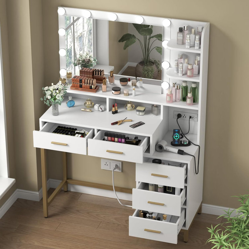 Vanity Desk with Lighted Mirror & Power Outlet, Makeup Table with 5 Drawers, Two Cubby & Shelf, Vanity Dresser with 11 Lights in 3 Lighting Colors for Bathroom, Bedroom,Makeup Room