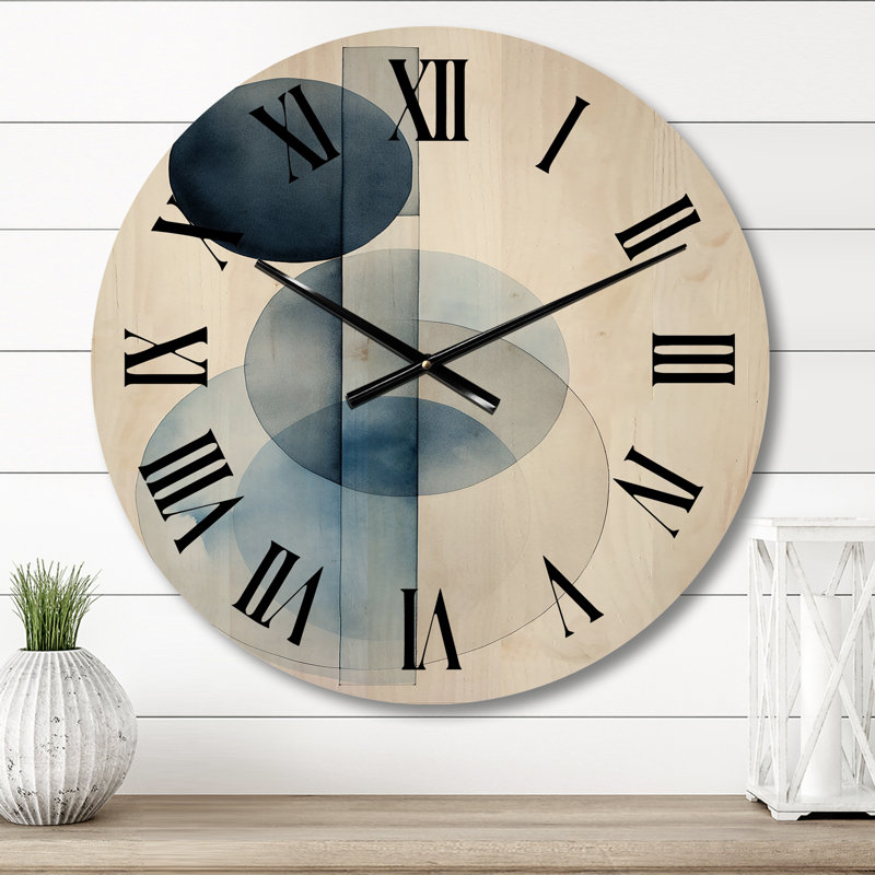Orbicular Unity Minimal In Retro Blue II - Modern Geometric Oversized Wood Wall Clock, Petit