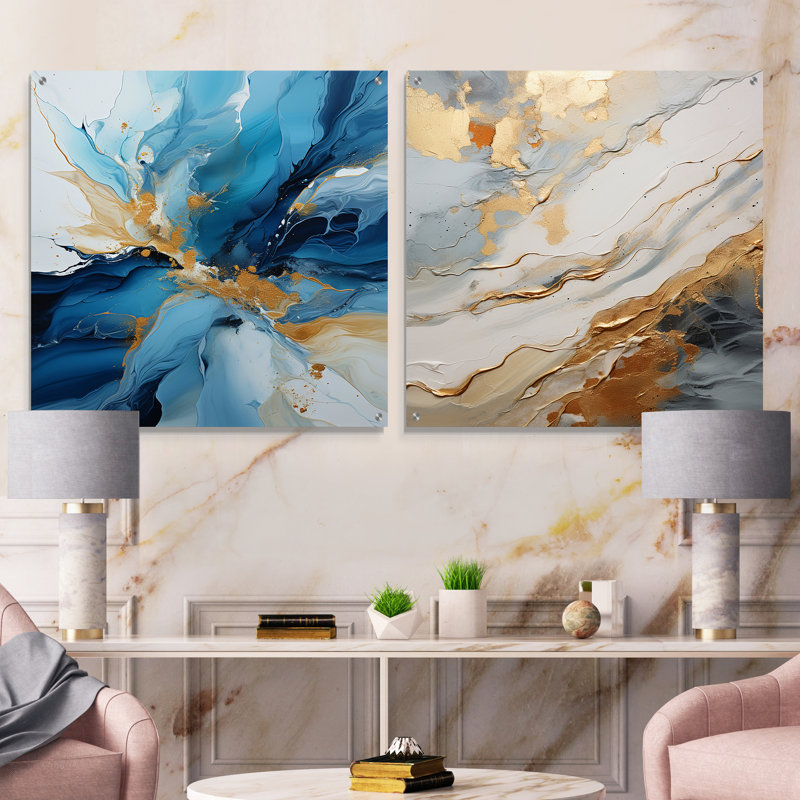 Blue And White Glacier Charm II - Abstract Shapes Acrylic Wall Art Glass Set Of 2, 16" H x 33" W