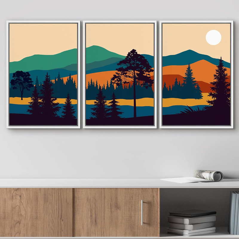 Abstract Mountain " Geometric Sunset Mountain Forest Abstract Nature " 3 - Pieces, Blanc, H 24 po x l 16 po x P 1,5 po